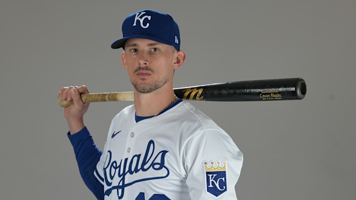 Feb 19, 2025; Surprise, AZ, USA; Kansas City Royals Cavan Biggio (18) poses for a photo during media day. Mandatory Credit: Jayne Kamin-Oncea-Imagn Images  