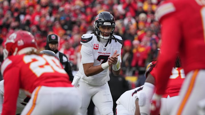Jan 18, 2025; Kansas City, Missouri, USA; Houston Texans quarterback C.J. Stroud (7) waits for the snap against the Kansas City Chiefs during the first quarter of a 2025 AFC divisional round game at GEHA Field at Arrowhead Stadium. Mandatory Credit: Denny Medley-Imagn Images