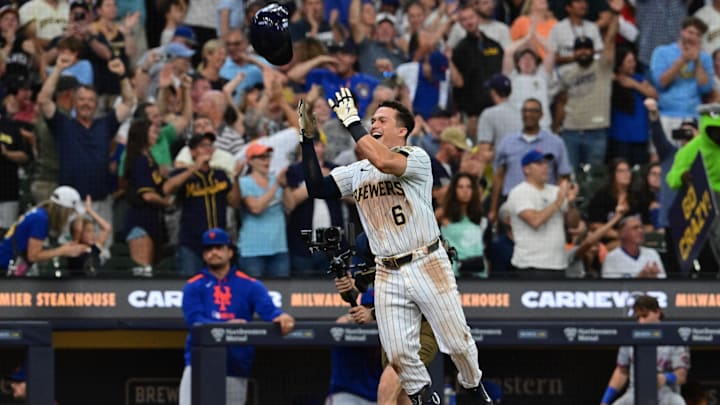 Aug 10, 2025; Milwaukee, Wisconsin, USA;  Milwaukee Brewers left fielder Isaac Collins (6) celebrates after hitting a walk-off home run in the ninth inning against the New York Mets at American Family Field. Mandatory Credit: Benny Sieu-Imagn Images