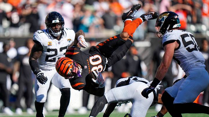 Cincinnati Bengals running back Chase Brown (30) is brought down just short of a first down on the Bengals final drive of the fourth quarter of the NFL Week 4 game between the Cincinnati Bengals and the Jacksonville Jaguars at Paycor Stadium in Cincinnati on Sunday, Oct. 4, 2026. The Bengals fell to 2-2 on the season with a 22-17 loss at home. Cincinnati Bengals running back Chase Brown (30) is brought down just short of a first down on the Bengals final drive of the fourth quarter of the NFL Week 4 game between the Cincinnati Bengals and the Jacksonville Jaguars at Paycor Stadium in Cincinnati on Sunday, Oct. 4, 2026. The Bengals fell to 2-2 on the season with a 22-17 loss at home.