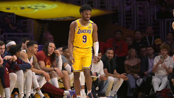 Mar 19, 2025; Los Angeles, California, USA;  Los Angeles Lakers guard Bronny James (9) on the court during the second half against the Denver Nuggets at Crypto.com Arena. Mandatory Credit: Jayne Kamin-Oncea-Imagn Images