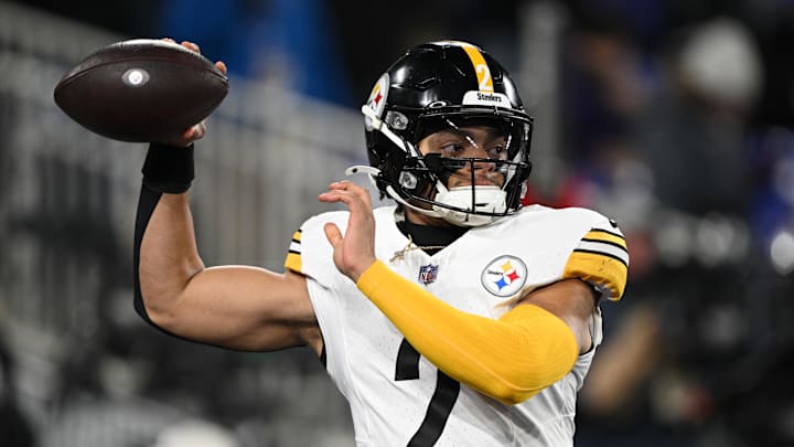 Jan 11, 2025; Baltimore, Maryland, USA; Pittsburgh Steelers quarterback Justin Fields (2) warms up before an AFC wild card game against the Baltimore Ravens at M&T Bank Stadium. Mandatory Credit: Tommy Gilligan-Imagn Images
