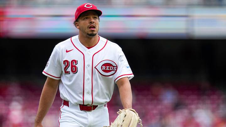Cincinnati Reds pitcher Chase Burns (26) returns to the dugout after finishing his outing in the sixth inning of the MLB National League game between the Cincinnati Reds and the Washington Nationals at Great American Ball Park in downtown Cincinnati on Thursday, May 14, 2026. The Reds led 2-0 after three innings. The Reds won 15-1.