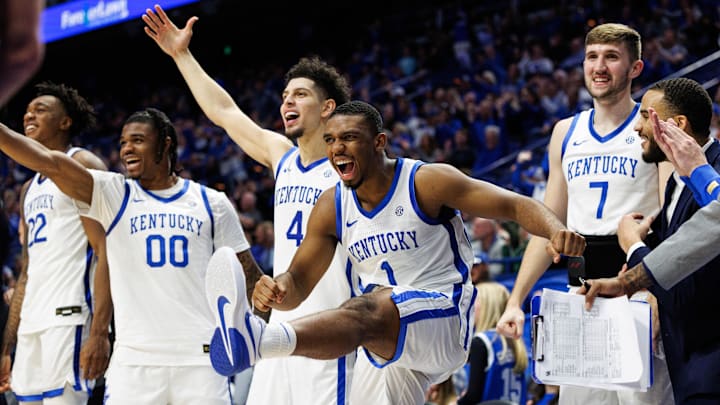 Dec 31, 2024; Lexington, Kentucky, USA; Kentucky Wildcats guard Lamont Butler (1) celebrates after forward Brandon Garrison dunks the ball during the second half against the Brown Bears at Rupp Arena at Central Bank Center. Mandatory Credit: Jordan Prather-Imagn Images Dec 31, 2024; Lexington, Kentucky, USA; Kentucky Wildcats guard Lamont Butler (1) celebrates after forward Brandon Garrison dunks the ball during the second half against the Brown Bears at Rupp Arena at Central Bank Center. Mandatory Credit: Jordan Prather-Imagn Images