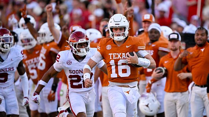 Texas Longhorns quarterback Arch Manning runs for a first down against the Oklahoma Sooners. Mandatory Credit: Jerome Miron-Imagn Images Texas Longhorns quarterback Arch Manning runs for a first down against the Oklahoma Sooners. Mandatory Credit: Jerome Miron-Imagn Images