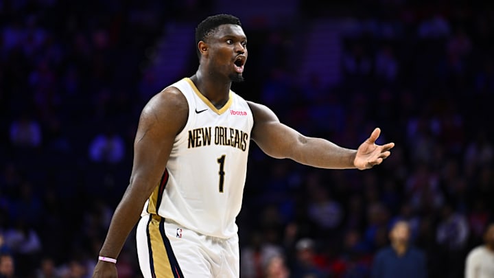 Mar 8, 2024; Philadelphia, Pennsylvania, USA; New Orleans Pelicans forward Zion Williamson (1) reacts against the Philadelphia 76ers in the fourth quarter at Wells Fargo Center. Mandatory Credit: Kyle Ross-Imagn Images