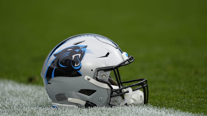 Nov 2, 2025; Green Bay, Wisconsin, USA;  Carolina Panthers helmet before a game against the Green Bay Packers at Lambeau Field. Mandatory Credit: Jeff Hanisch-Imagn Images