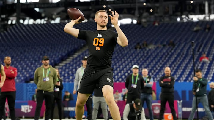 Feb 28, 2026; Indianapolis, IN, USA; Georgia Tech quarterback Haynes King (QB09) during the NFL Scouting Combine at Lucas Oil Stadium. Mandatory Credit: Kirby Lee-Imagn Images Feb 28, 2026; Indianapolis, IN, USA; Georgia Tech quarterback Haynes King (QB09) during the NFL Scouting Combine at Lucas Oil Stadium. Mandatory Credit: Kirby Lee-Imagn Images