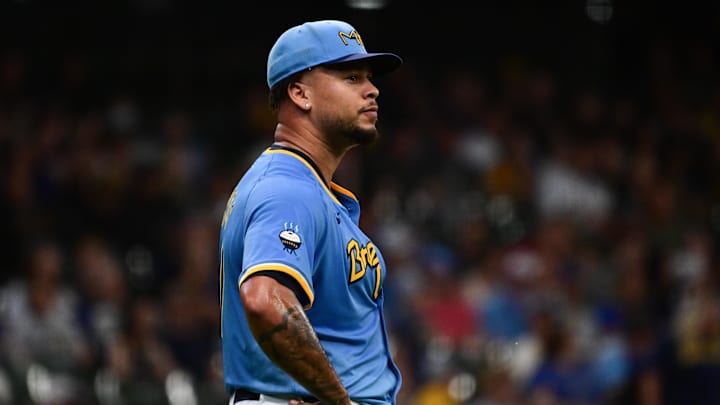 Sep 22, 2024; Milwaukee, Wisconsin, USA; Milwaukee Brewers starting pitcher Frankie Montas (47) reacts after giving up a solo home run to Arizona Diamondbacks third baseman Eugenio Suarez (28) in the third inning at American Family Field. Sep 22, 2024; Milwaukee, Wisconsin, USA; Milwaukee Brewers starting pitcher Frankie Montas (47) reacts after giving up a solo home run to Arizona Diamondbacks third baseman Eugenio Suarez (28) in the third inning at American Family Field.