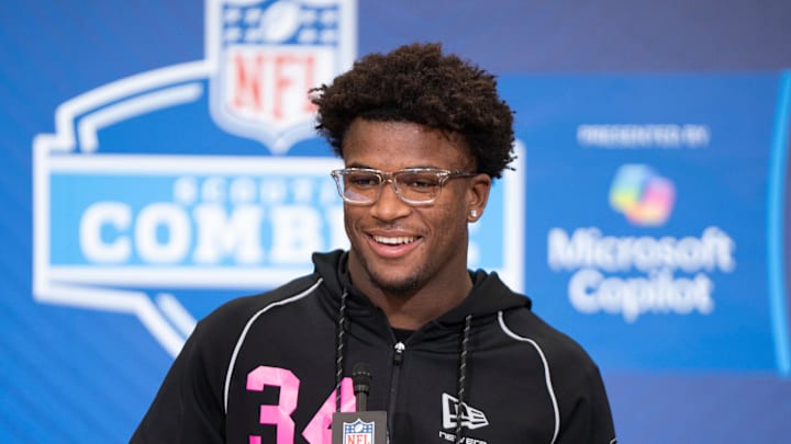 Feb 26, 2026; Indianapolis, IN, USA; Ohio State defensive back Caleb Downs (DB34) speaks to members of the media during the NFL Combine at the Indiana Convention Center. Mandatory Credit: Jacob Musselman-Imagn Images