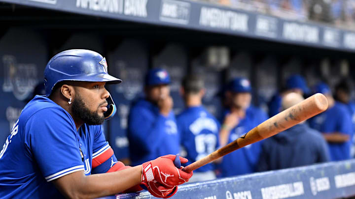 Sep 20, 2024; St. Petersburg, Florida, USA; Toronto Blue Jays first baseman Vladimir Guerrero Jr. (27) prepares for the start of the game against the Tampa Bay Rays at Tropicana Field in 2024.