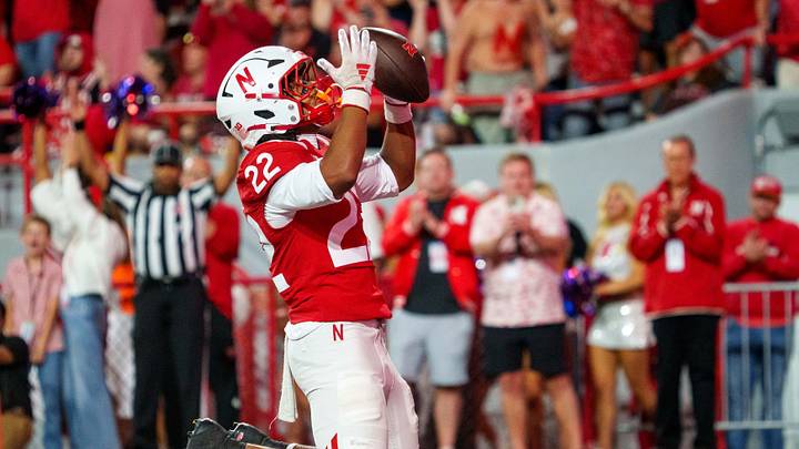 Sep 12, 2026; Lincoln, Nebraska, USA;  Nebraska Cornhuskers running back Isaiah Mozee (22) celebrates after scoring a touchdown against the Bowling Green Falcons during the fourth quarter at Memorial Stadium.  Credit: Dylan Widger-