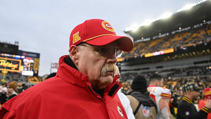 Dec 25, 2024; Pittsburgh, Pennsylvania, USA; Kansas City Chiefs head coach Andy Reid leaves the field  following their game against the Pittsburgh Steelers at Acrisure Stadium. Mandatory Credit: Barry Reeger-Imagn Images
