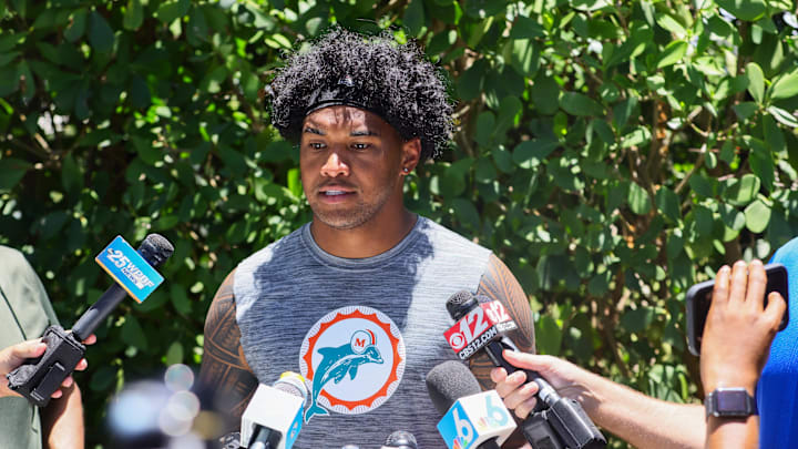 Jun 4, 2024; Miami Gardens, FL, USA; Miami Dolphins quarterback Tua Tagovailoa (1) speaks to reporters during mandatory minicamp at Baptist Health Training Complex. Mandatory Credit: Sam Navarro-USA TODAY Sports