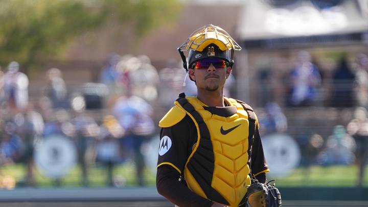 Feb 23, 2025; Phoenix, Arizona, USA; San Diego Padres catcher Ethan Salas (90) looks on against the Los Angeles Dodgers during the second inning at Camelback Ranch-Glendale. Mandatory Credit: Joe Camporeale-Imagn Images