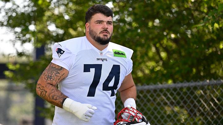 Jul 23, 2025; Foxborough, MA, USA; New England Patriots offensive lineman Jack Conley (74) walks to the practice field for training camp at Gillette Stadium. Mandatory Credit: Eric Canha-Imagn Images
