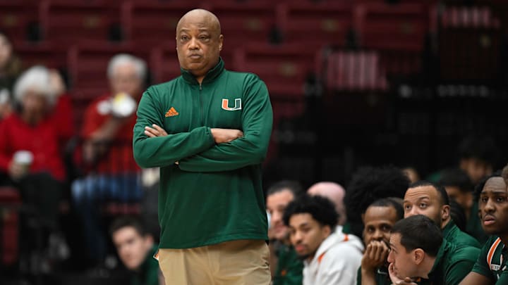 Jan 22, 2025; Stanford, California, USA; Miami (FL) Hurricanes interim head coach Bill Courtney looks on against the Stanford Cardinal in the first half at Maples Pavilion. Mandatory Credit: Eakin Howard-Imagn Images