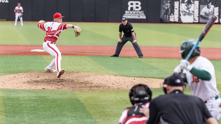 Louisville pitcher Wyatt Danilowicz winds up on the mound during the NCAA baseball Super Regional game 2 at Jim Patterson Stadium on June 7, 2025 in Louisville, Ky.