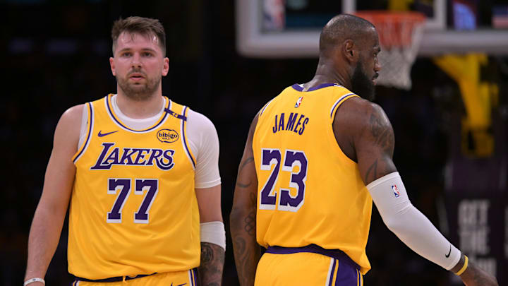 Feb 10, 2025; Los Angeles, California, USA; Los Angeles Lakers guard Luka Doncic (77) and forward LeBron James (23) on the court in the first half against the Utah Jazz at Crypto.com Arena. Mandatory Credit: Jayne Kamin-Oncea-Imagn Images Feb 10, 2025; Los Angeles, California, USA; Los Angeles Lakers guard Luka Doncic (77) and forward LeBron James (23) on the court in the first half against the Utah Jazz at Crypto.com Arena. Mandatory Credit: Jayne Kamin-Oncea-Imagn Images