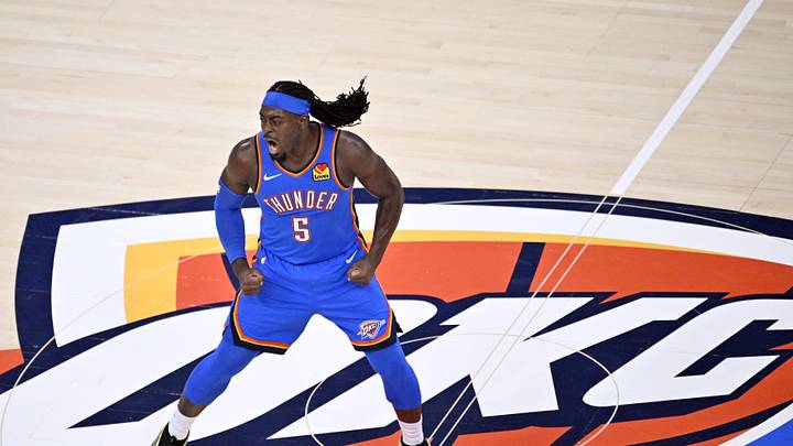 May 30, 2026; Oklahoma City, Oklahoma, USA; Oklahoma City Thunder guard Luguentz Dort (5) reacts in the second quarter against the San Antonio Spurs during game seven of the western conference finals for the 2026 NBA playoffs at Paycom Center. Mandatory Credit: Jerome Miron-Imagn Images