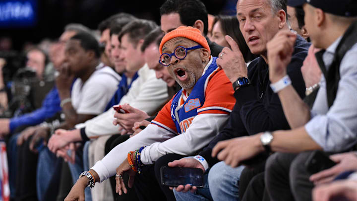 Apr 8, 2025; New York, New York, USA; Film director / producer Spike Lee reacts during the second half of a game between the New York Knicks and the Boston Celtics at Madison Square Garden. Mandatory Credit: John Jones-Imagn Images