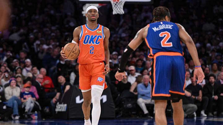 Mar 31, 2024; New York, New York, USA; Oklahoma City Thunder guard Shai Gilgeous-Alexander (2) Mar 31, 2024; New York, New York, USA; Oklahoma City Thunder guard Shai Gilgeous-Alexander (2)