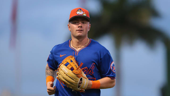 Mar 13, 2026; West Palm Beach, Florida, USA; New York Mets left fielder A.J. Ewing (97) returns to the dugout against the Washington Nationals during the second inning at CACTI Park of the Palm Beaches. Mandatory Credit: Sam Navarro-Imagn Images Mar 13, 2026; West Palm Beach, Florida, USA; New York Mets left fielder A.J. Ewing (97) returns to the dugout against the Washington Nationals during the second inning at CACTI Park of the Palm Beaches. Mandatory Credit: Sam Navarro-Imagn Images