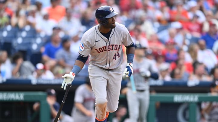 Aug 28, 2024; Philadelphia, Pennsylvania, USA; Houston Astros outfielder Yordan Alvarez (44) looks on after hitting a home run against the Philadelphia Phillies in the seventh inning at Citizens Bank Park. Aug 28, 2024; Philadelphia, Pennsylvania, USA; Houston Astros outfielder Yordan Alvarez (44) looks on after hitting a home run against the Philadelphia Phillies in the seventh inning at Citizens Bank Park.
