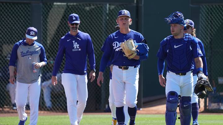 Los Angeles Dodgers pitcher Emmet Sheehan (80) walks to the dugout before a game against the Athletics at Camelback Ranch on March 21, 2026.