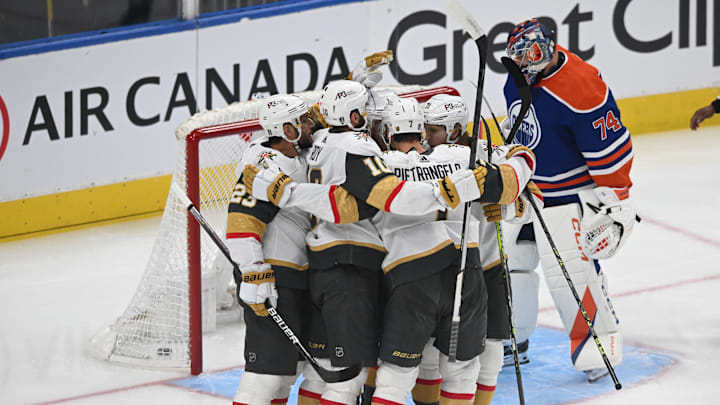 May 14, 2023; Edmonton, Alberta, CAN; Vegas Golden Knights celebrate a goal on Edmonton Oilers