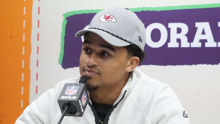 Feb 3, 2025; New Orleans, LA, USA; Kansas City Chiefs cornerback Trent McDuffie (22)  during Super Bowl LIX Opening Night at Ceasars Superdome. Mandatory Credit: Kirby Lee-Imagn Images