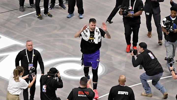 Apr 9, 2025; Dallas, Texas, USA; Los Angeles Lakers guard Luka Doncic (77) walks off the court after the game against the Dallas Mavericks at the American Airlines Center. Mandatory Credit: Jerome Miron-Imagn Images Apr 9, 2025; Dallas, Texas, USA; Los Angeles Lakers guard Luka Doncic (77) walks off the court after the game against the Dallas Mavericks at the American Airlines Center. Mandatory Credit: Jerome Miron-Imagn Images