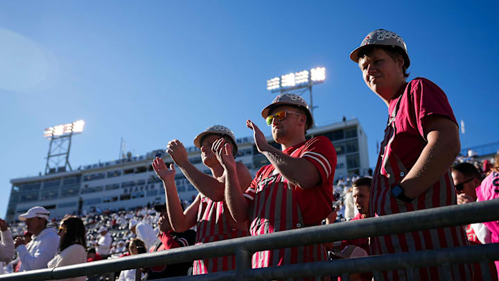 Ohio State Buckeyes fans cheer during the NCAA football game against the Penn State Nittany Lions at Beaver Stadium in University Park, Pa. on Monday, Nov. 4, 2024. Ohio State won 20-13.
