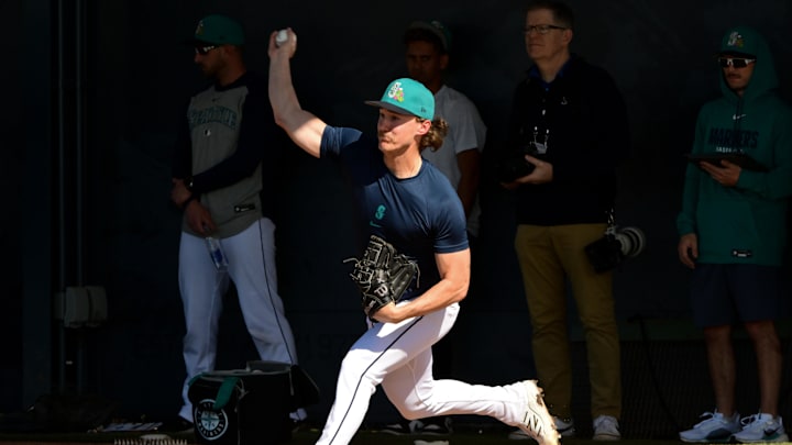 Feb 12, 2026; Peoria, AZ, USA; Seattle Mariners pitcher Bryce Miller (50) throws during a Spring Training workout at Peoria Sports Complex. Mandatory Credit: Matt Kartozian-Imagn Images Feb 12, 2026; Peoria, AZ, USA; Seattle Mariners pitcher Bryce Miller (50) throws during a Spring Training workout at Peoria Sports Complex. Mandatory Credit: Matt Kartozian-Imagn Images