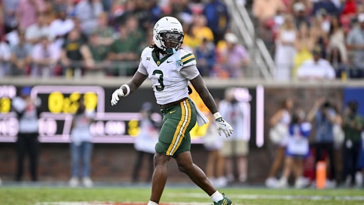 Sep 6, 2025; Dallas, Texas, USA; Baylor Bears safety Devyn Bobby (3) lines up during the game between the SMU Mustangs and the Baylor Bears at Gerald J. Ford Stadium. Mandatory Credit: Jerome Miron-Imagn Images
