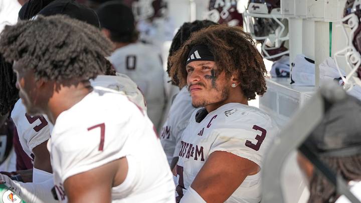 Oct 10, 2026; Columbia, Missouri, USA; Texas A&M Aggies linebacker TJ Smith (30) reacts on the bench against the Missouri Tigers during the second half of the game at Faurot Field at Memorial Stadium. Mandatory Credit: Denny Medley-Imagn Images