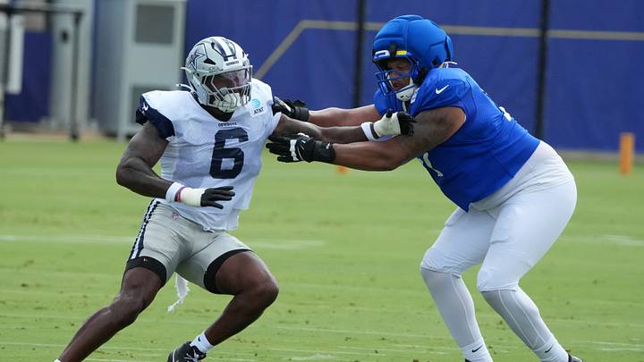 Dallas Cowboys linebacker Donovan Ezeiruaku (6) and Los Angeles Rams offensive tackle Alaric Jackson (77) during a joint practice at the Rams Practice Facility. Mandatory Credit: Kirby Lee-Imagn Images