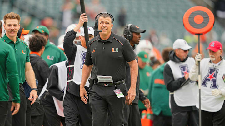 Sep 23, 2023; Philadelphia, Pennsylvania, USA;  Miami Hurricanes head coach Mario Cristobal looks on during the first quarter against the Temple Owls at Lincoln Financial Field. Mandatory Credit: Andy Lewis-USA TODAY Sports