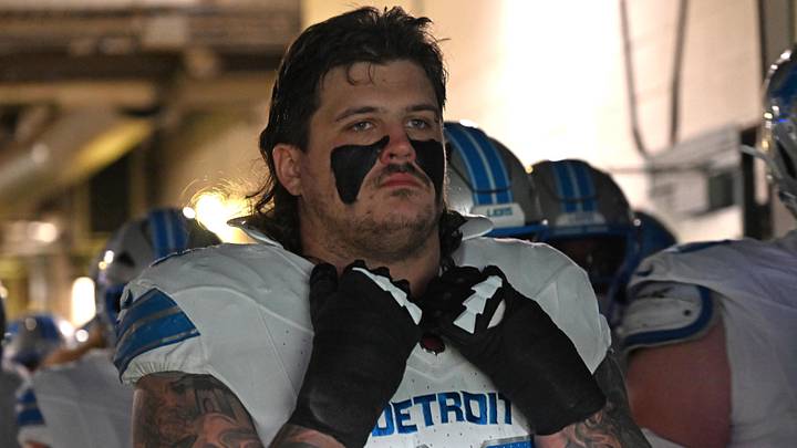 Nov 16, 2025; Philadelphia, Pennsylvania, USA; Detroit Lions guard Tate Ratledge (69) waits in the tunnel against the Philadelphia Eagles at Lincoln Financial Field. Mandatory Credit: Eric Hartline-Imagn Images