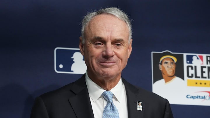 Oct 27, 2025; Los Angeles, California, USA; Major League Baseball commissioner Rob Manfred before game three of the 2025 MLB World Series between the Toronto Blue Jays and Los Angeles Dodgers at Dodger Stadium. Mandatory Credit: Kirby Lee-Imagn Images Oct 27, 2025; Los Angeles, California, USA; Major League Baseball commissioner Rob Manfred before game three of the 2025 MLB World Series between the Toronto Blue Jays and Los Angeles Dodgers at Dodger Stadium. Mandatory Credit: Kirby Lee-Imagn Images