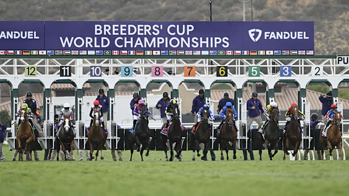 Nov 2, 2024; Del Mar, CA, USA; Horses leave the gate for the Turf race at the 2024 Breeders' Cup Championship at Del Mar Thoroughbred Club.