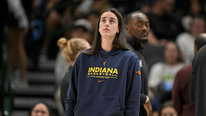 Aug 1, 2025; Dallas, Texas, USA; Indiana Fever guard Caitlin Clark (22) during the game between the Dallas Wings and the Indiana Fever at the American Airlines Center. Mandatory Credit: Jerome Miron-Imagn Images