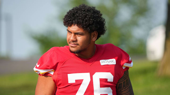 Jul 22, 2024; St. Joseph, MO, USA; Kansas City Chiefs offensive tackle Kingsley Suamataia (76) walks down the hill from the locker room to the fields prior to training camp at Missouri Western State University. Mandatory Credit: Denny Medley-Imagn Images