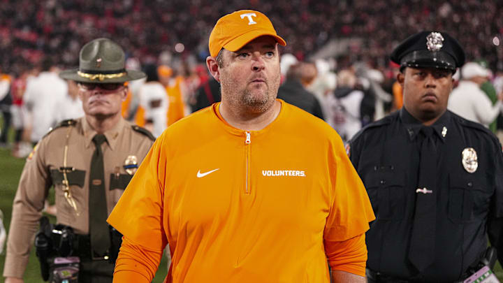 Nov 16, 2024; Athens, Georgia, USA; Tennessee Volunteers head coach Josh Heupel shown walking off the field after the game against the Georgia Bulldogs at Sanford Stadium. Mandatory Credit: Dale Zanine-Imagn Images