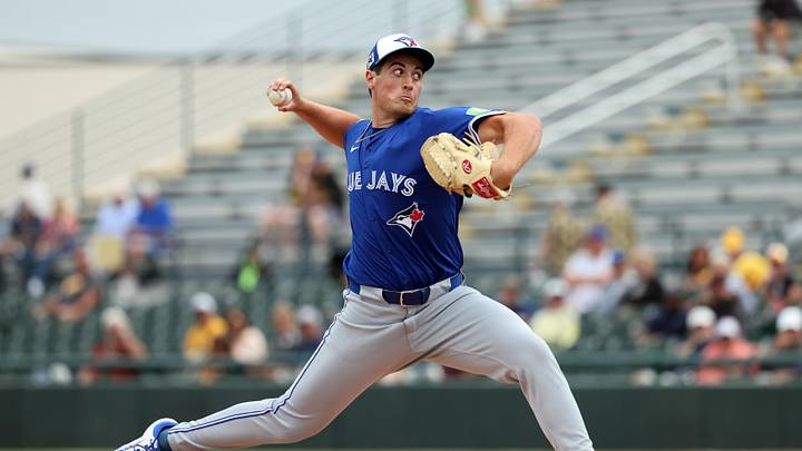 Mar 5, 2025; Bradenton, Florida, USA;  Toronto Blue Jays pitcher Jake Bloss (39) throws a pitch during the fourth inning against the Pittsburgh Pirates at LECOM Park. Mandatory Credit: Kim Klement Neitzel-Imagn Images