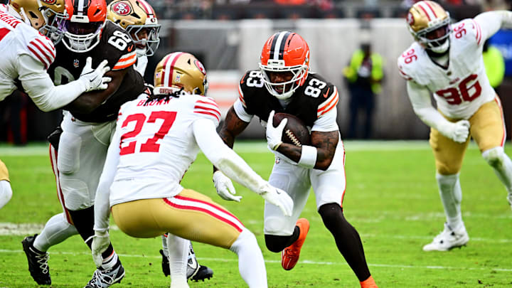 Nov 30, 2025; Cleveland, Ohio, USA;  Cleveland Browns wide receiver Malachi Corley (83) runs the ball during the second half against the San Francisco 49ers at Huntington Bank Field. Mandatory Credit: Ken Blaze-Imagn Images