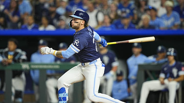 Sep 19, 2025; Kansas City, Missouri, USA; Kansas City Royals designated Carter Jensen (22) hits an RBI double during the third inning against the Toronto Blue Jays at Kauffman Stadium. Mandatory Credit: Jay Biggerstaff-Imagn Images Sep 19, 2025; Kansas City, Missouri, USA; Kansas City Royals designated Carter Jensen (22) hits an RBI double during the third inning against the Toronto Blue Jays at Kauffman Stadium. Mandatory Credit: Jay Biggerstaff-Imagn Images