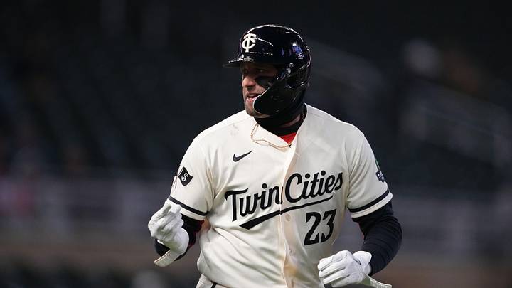 Apr 7, 2026; Minneapolis, Minnesota, USA; Minnesota Twins third baseman Royce Lewis (23) reacts after being walked during the eighth inning against the Detroit Tigers at Target Field. Mandatory Credit: Jordan Johnson-Imagn Images