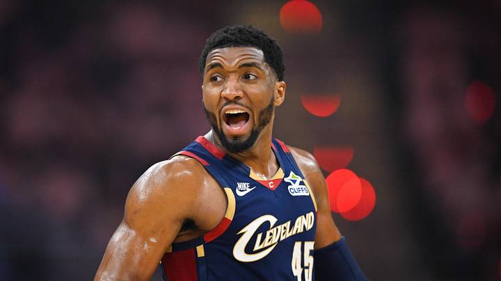 May 23, 2026; Cleveland, Ohio, USA; Cleveland Cavaliers guard Donovan Mitchell (45) reacts in the third quarter against the New York Knicks during game three of the eastern conference finals for the 2026 NBA playoffs at Rocket Arena. Mandatory Credit: David Richard-Imagn Images May 23, 2026; Cleveland, Ohio, USA; Cleveland Cavaliers guard Donovan Mitchell (45) reacts in the third quarter against the New York Knicks during game three of the eastern conference finals for the 2026 NBA playoffs at Rocket Arena. Mandatory Credit: David Richard-Imagn Images