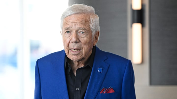 Mar 13, 2025; Foxborough, MA, USA; New England Patriots owner Robert Kraft walks to the podium at the GP Atrium at Gillette Stadium to discuss and introduce recent free agent additions to the team. Mandatory Credit: Eric Canha-Imagn Images Mar 13, 2025; Foxborough, MA, USA; New England Patriots owner Robert Kraft walks to the podium at the GP Atrium at Gillette Stadium to discuss and introduce recent free agent additions to the team. Mandatory Credit: Eric Canha-Imagn Images